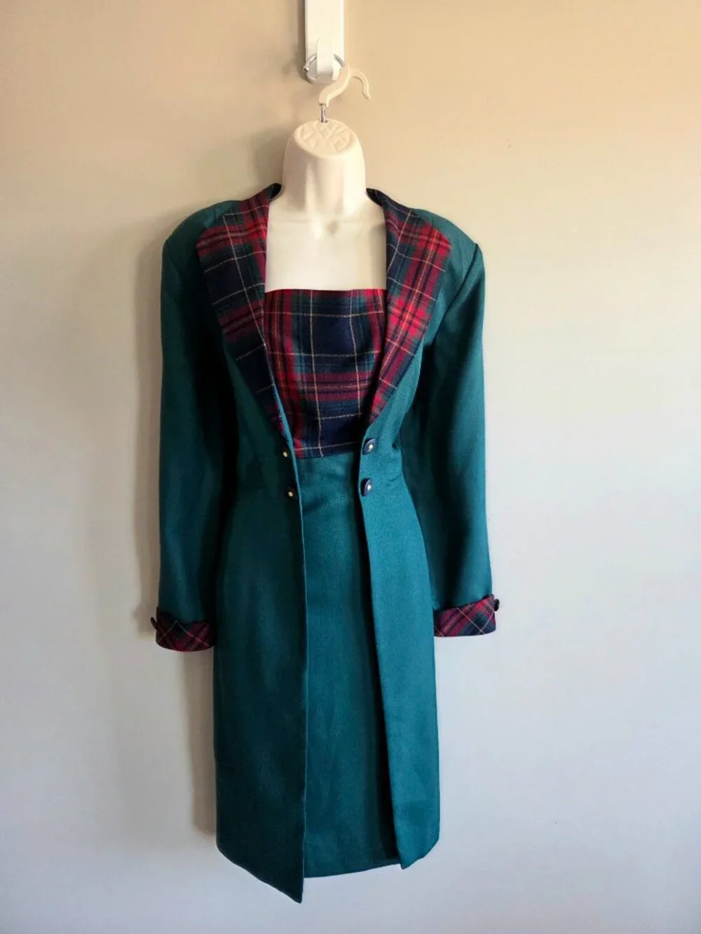 Vintage 1980s 1990s Bantry Bay layered green dress with plaid pattern details. - Picture 1 of 10